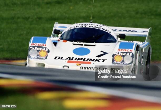 Bob Wollek drives the Joest Racing Porsche 962C during the FIA World Sportscar Prototype Championship 1000 km of Brands Hatch on 24th July 1988 at...