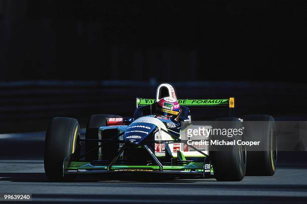 Pedro Lamy of Portugal drives the Minardi Team SpA Minardi M195B Ford during practice for the Italian Grand Prix on 7 September 1996 at the Autodromo...