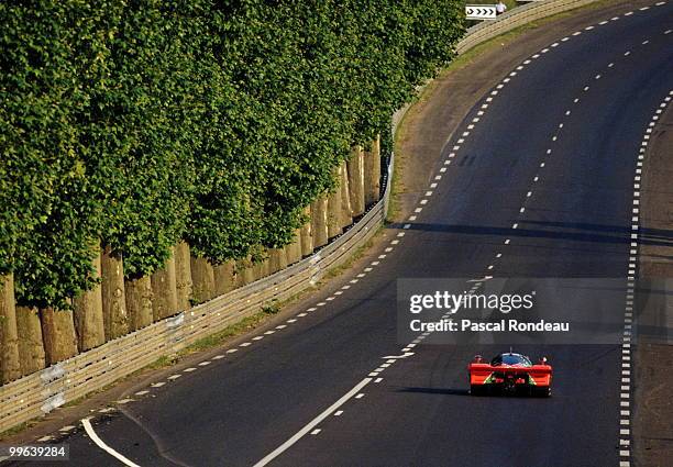 The Mazdaspped Co Ltd Mazda 787 driven by Bertrand Gachot ,Johnny Herbert and Volker Weidler along Tertre Rouge during the FIA World Sportscar...