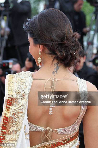 Detail of actress Deepika Padukone as she attends the Premiere of 'On Tour' at the Palais des Festivals during the 63rd Annual International Cannes...