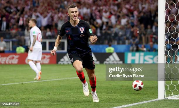 Ivan Perisic of Croatia celebrates after scoring his team's first goal during the 2018 FIFA World Cup Russia Semi Final match between England and...