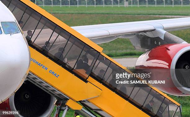 Players of England's national football team arrive at Graz airport on May 17 ahead of their training in Austria for the World cup 2010 which will be...