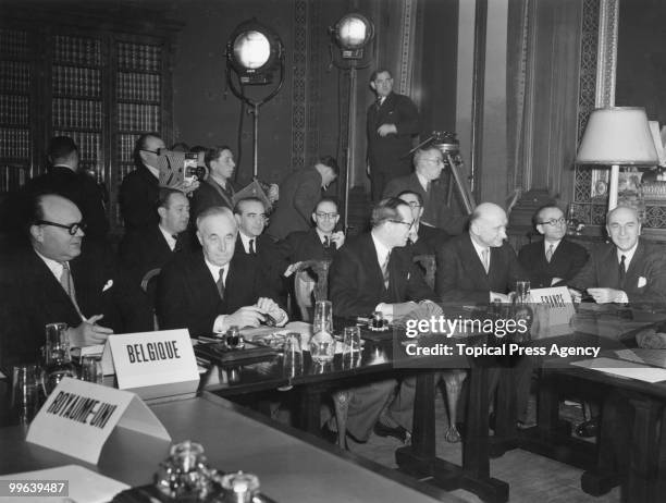 The quarterly session of the Consultative Council of the Brussels Treaty Powers meets in Ernest Bevin's room at the Foreign Office, London, 27th...