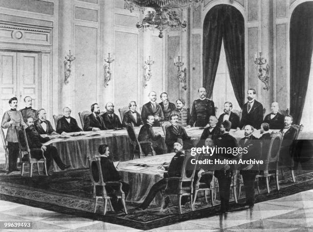 The Congress of Berlin, 1878. Present are Herbert von Bismarck, Pyotr Andreyevich Shuvalov, Dr Busch, Baron d'Oubril, Alexander Gorchakov, Odo...