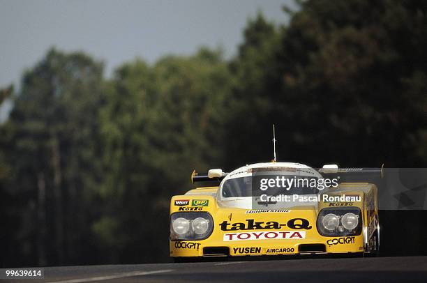 Aguri Suzuki drives the Toyota Team Toms Toyota 90C-V during practice for the FIA World Sportscar Championship 24 Hours of Le Mans race on 13 June...