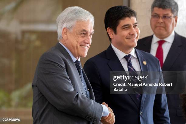 President of Costa Rica Carlos Alvarado and President of Chile Sebastian Pinera shake hands during an Official Visit to Costa Rica at the...