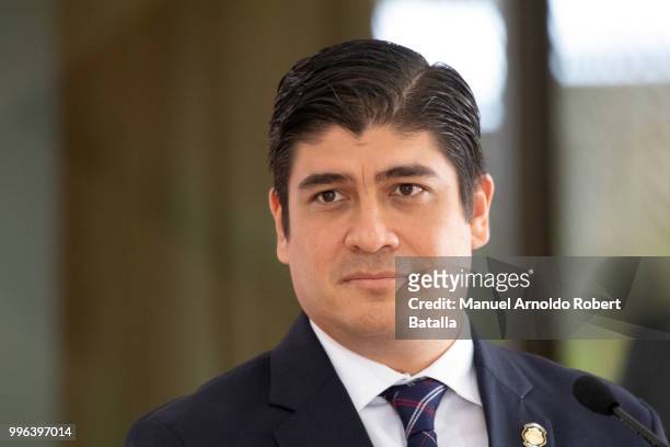 President of Costa Rica Carlos Alvarado speaks during a press conference as part of Sebastian Piñera President of Chile Official Visit to Costa Rica...