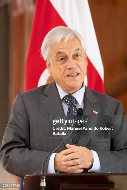 President of Chile Sebastian Pinera speaks during a press conference as part of his Official Visit to Costa Rica at the Presidential House on July 9,...