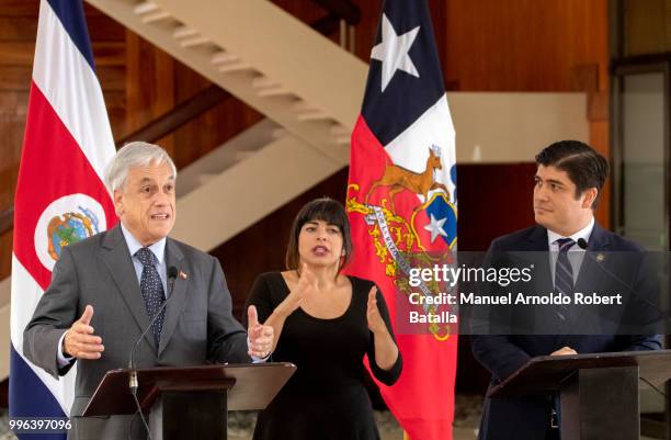 President of Chile Sebastian Pinera speaks during a press conference as President of Costa Rica Carlos Alvarado attends as part of an Official Visit...