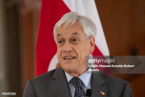 President of Chile Sebastian Pinera speaks during a press conference as part of his Official Visit to Costa Rica at the Presidential House on July 9,...