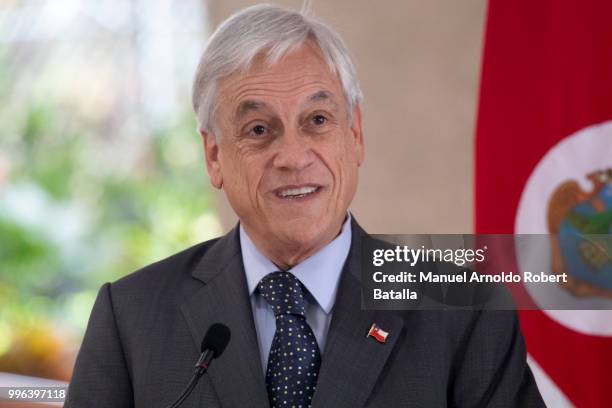 President of Chile Sebastian Pinera speaks during a press conference as part of his Official Visit to Costa Rica at the Presidential House on July 9,...