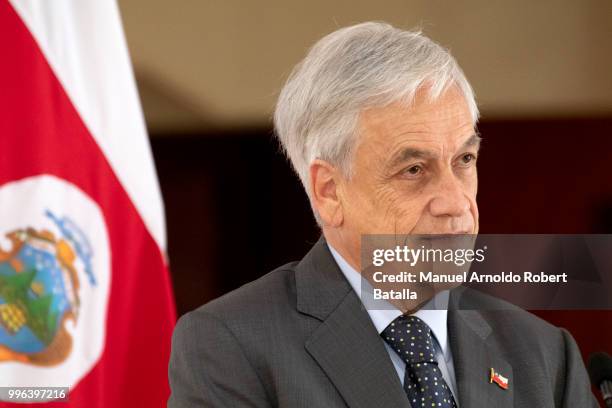 President of Chile Sebastian Pinera speaks during a press conference as part of his Official Visit to Costa Rica at the Presidential House on July 9,...