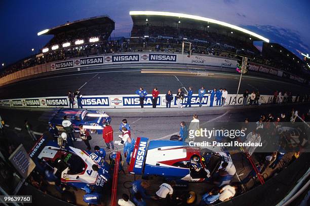 View looking down onto the Nissan Motorsports International Nissan R90CP pits during practice for the FIA World Sportscar Championship 24 Hours of Le...
