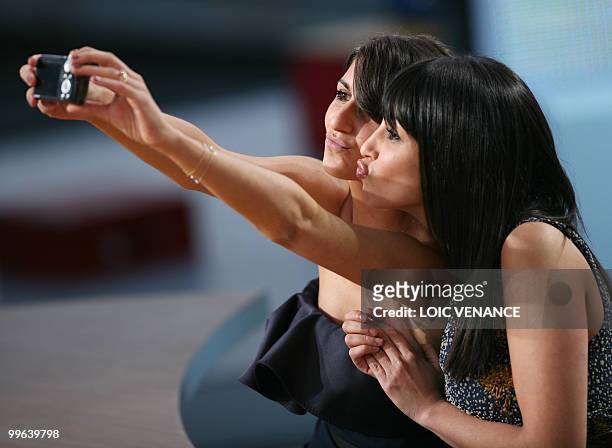 French actress Geraldine Nakache and Leila Bekhti attend Canal Plus TV program "Le Grand Journal" on May 15, 2010 in Cannes, at the 63rd Cannes Film...