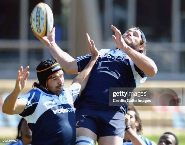 Victor Matfield and Danie Rossouw in action during the Vodacom Bulls training session at Loftus Versfeld, B Field on May 17, 2010 in Pretoria, South...