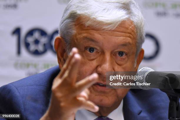 New elect president of Mexico Andres Manuel Lopez Obrador speaks during a press conference after a meeting between newly elected President of Mexico...