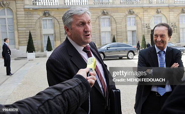 President of the main farmers' union, National Farmers union , Jean-Michel Lemetayer answers journalist's questions upon his arrival at the...