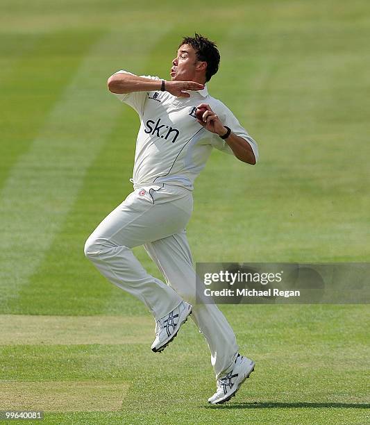 Neil Carter of Warwickshire bowls during the LV County Championship match between Warwickshire and Lancashire at Edgbaston at Edgbaston on May 17,...