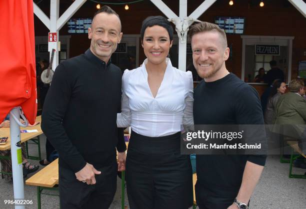 Christian Struppeck, Ina Regen and Andreas Gergen pose during the premiere of the musical premiere '3 Musketiere - Das Musical' at the quarry...