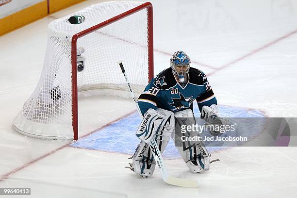 Goaltender Evgeni Nabokovof the San Jose Sharks in net while taking on the Chicago Blackhawks in Game One of the Western Conference Finals during the...