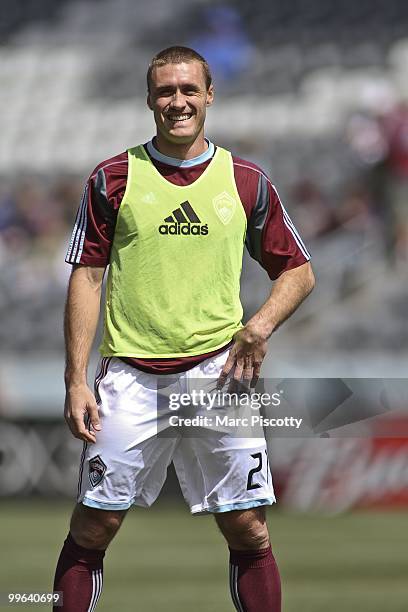 Julien Baudet of the Colorado Rapids flashes a smile while warming up prior to their game against the Chicago Fire at Dick's Sporting Goods Park in...