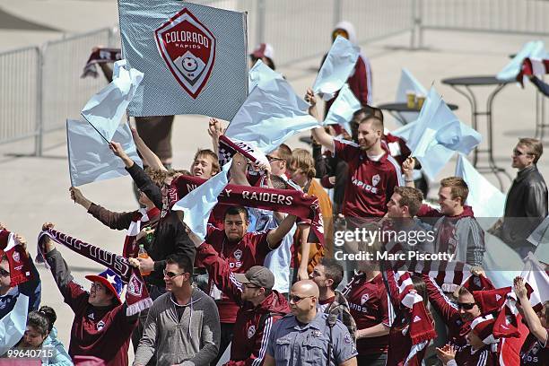 Colorado Rapids fans cheer as the team takes the field against the Chicago Fire at Dick's Sporting Goods Park in Commerce City, Colorado. The game...