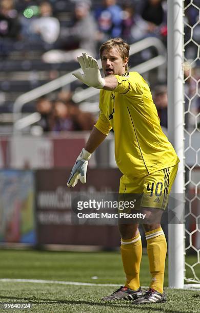 Goalkeeper Andrew Dykstra of the Chicago Fire positions defensive teammates on a free kick during the first half against the Colorado Rapids at...