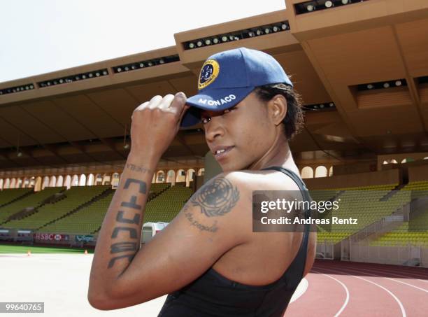 Suzanne 'Africa' Engo poses with at the Stade Louis II on May 17, 2010 in Monte-Carlo, Monaco. Celebrity activist Suzanne 'Africa' Engo trains in...