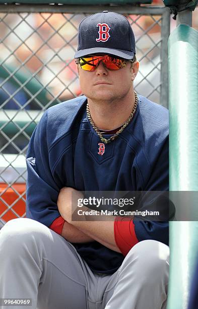 Jon Lester of the Boston Red Sox looks on from the dugout against the Detroit Tigers during the game at Comerica Park on May 16, 2010 in Detroit,...