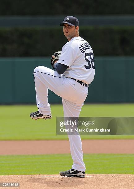 Armando Galarraga of the Detroit Tigers pitches against the Boston Red Sox during the game at Comerica Park on May 16, 2010 in Detroit, Michigan. The...