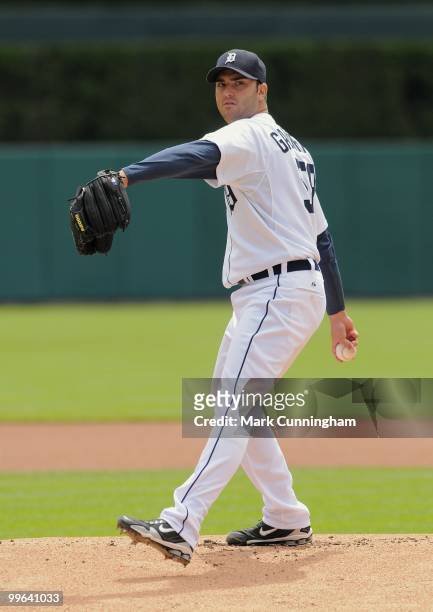 Armando Galarraga of the Detroit Tigers pitches against the Boston Red Sox during the game at Comerica Park on May 16, 2010 in Detroit, Michigan. The...