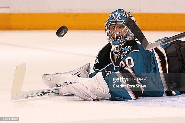 Goaltender Evgeni Nabokovof the San Jose Sharks looks to make a save while taking on the Chicago Blackhawks in Game One of the Western Conference...