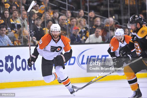 Scott Hartnell of the Philadelphia Flyers skates up the ice against the Boston Bruins in Game Seven of the Eastern Conference Semifinals during the...