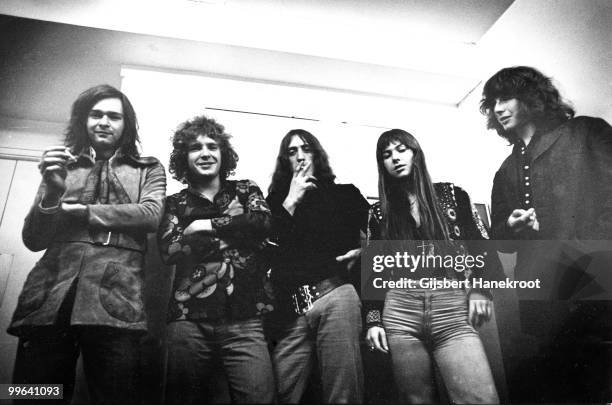 Sonja Kristina Linwood and fellow band members from Curved Air posed in Amsterdam, Netherlands in 1972