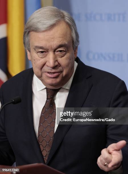 Half-length portrait of United Nations Secretary General Antonio Gutteres standing behind a podium and gesturing during a speech, New York City, New...