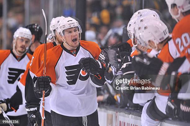 James van Riemsdyk of the Philadelphia Flyers celebrates a goal against the Boston Bruins in Game Seven of the Eastern Conference Semifinals during...