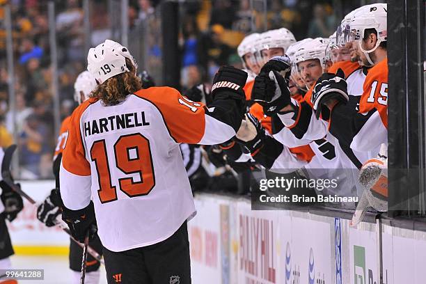 Scott Hartnell of the Philadelphia Flyers celebrates a goal against the Boston Bruins in Game Seven of the Eastern Conference Semifinals during the...