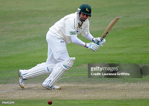 Paul Franks of Nottinghamshire hits out to the boundary during the LV County Championship match between Nottinghamshire and Hampshire at Trent Bridge...