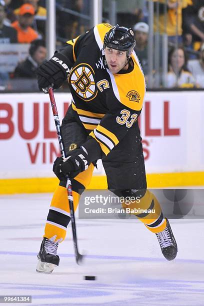 Zdeno Chara of the Boston Bruins shoots the puck against the Philadelphia Flyers in Game Seven of the Eastern Conference Semifinals during the 2010...