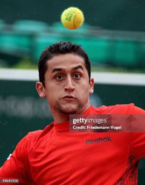 Nicolas Almagro of Spain in action during his match against Tomas Berdych of Czech Republic during the second day of the ARAG World Team Cup at the...