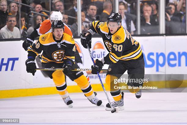 Vladimir Sobokta of the Boston Bruins skates with the puck up the ice against the Philadelphia Flyers in Game Seven of the Eastern Conference...