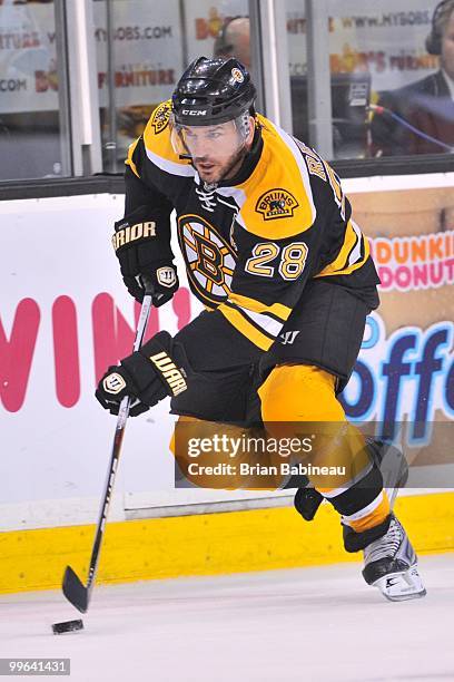 Mark Recchi of the Boston Bruins skates with the puck against the Philadelphia Flyers in Game Seven of the Eastern Conference Semifinals during the...