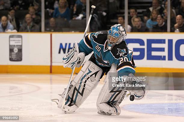 Goaltender Evgeni Nabokovof the San Jose Sharks throws out the puck while taking on the Chicago Blackhawks in Game One of the Western Conference...