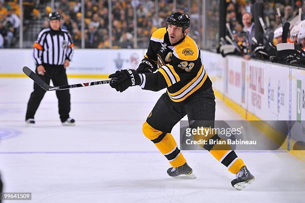 Zdeno Chara of the Boston Bruins passes the puck against the Philadelphia Flyers in Game Seven of the Eastern Conference Semifinals during the 2010...