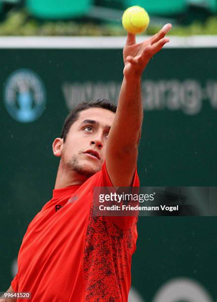 Nicolas Almagro of Spain in action during his match against Tomas Berdych of Czech Republic during the second day of the ARAG World Team Cup at the...