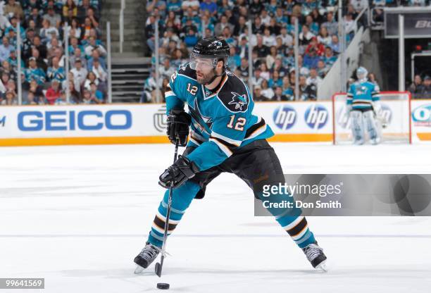 Patrick Marleau of the San Jose Sharks carries the puck against the Detroit Red Wings in Game Five of the Western Conference Semifinals during the...