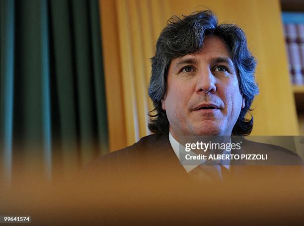 Argentine Economy Minister Amado Boudou speaks during a press conference on May 17, 2010 in Rome. Boudou is in Italy to present Argentina's Italian...