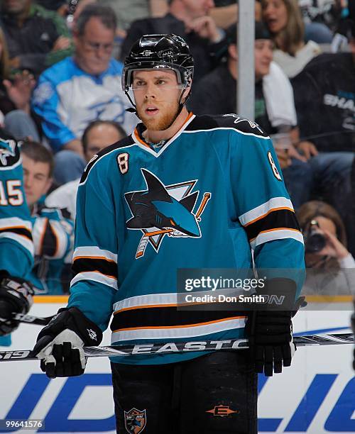 Joe Pavelski of the San Jose Sharks waits for the faceoff against the Detroit Red Wings in Game Five of the Western Conference Semifinals during the...