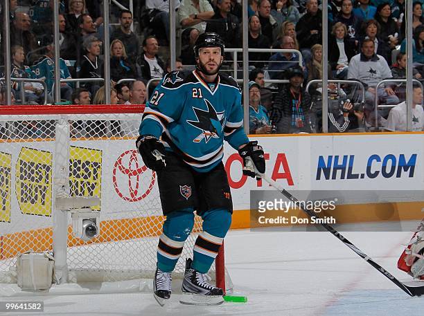 Scott Nichol of the San Jose Sharks waits for a call against the Detroit Red Wings in Game Five of the Western Conference Semifinals during the 2010...