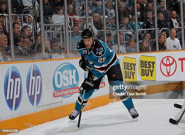 Ryane Clowe of the San Jose Sharks handles the puck against the Detroit Red Wings in Game Five of the Western Conference Semifinals during the 2010...